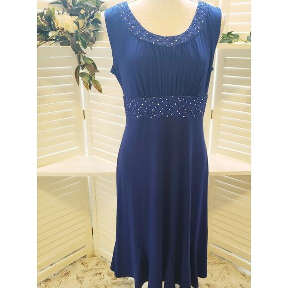 R & M RICHARDS BLUE BEADED SAPPHIRE FIT & FLARE DRESS SIZE 10 - Picture 1 of 6